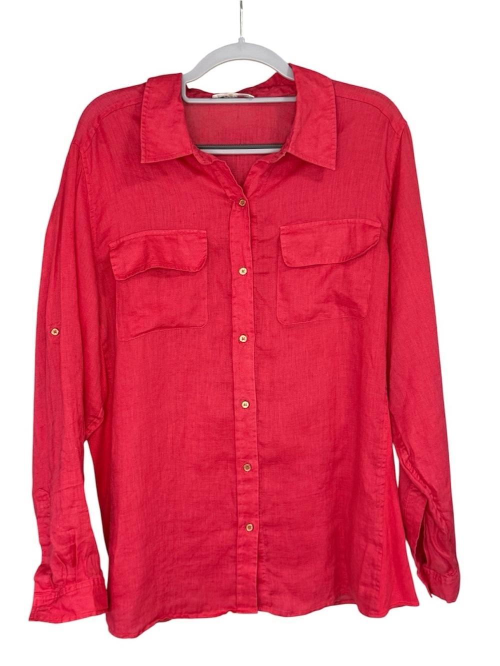 Calvin Klein Womens Long Sleeve Linen Button Down Coral blouse top Size Med